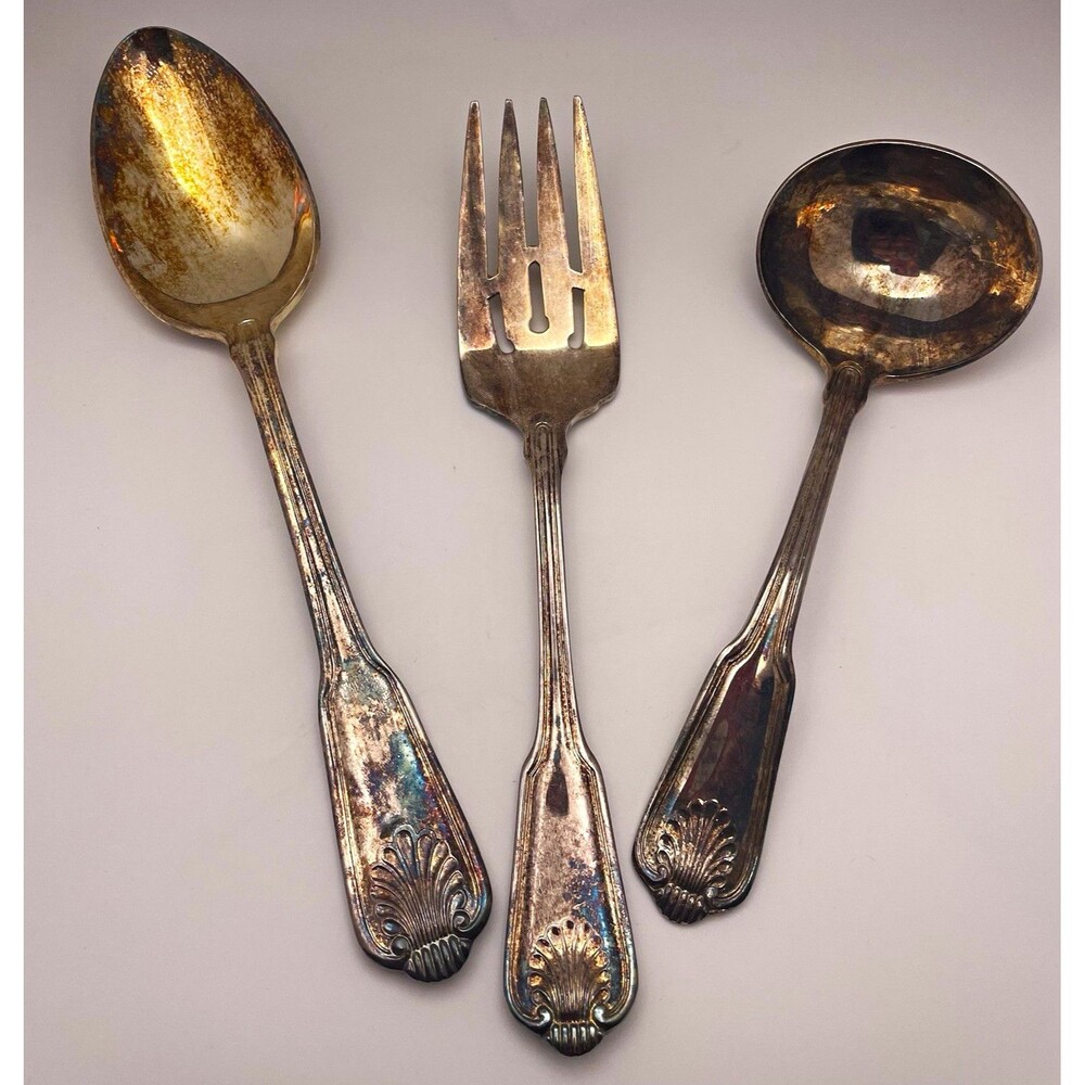 Towle Silverplate 3-Piece Serving Set w/ Shell Handle Fork & Spoon
